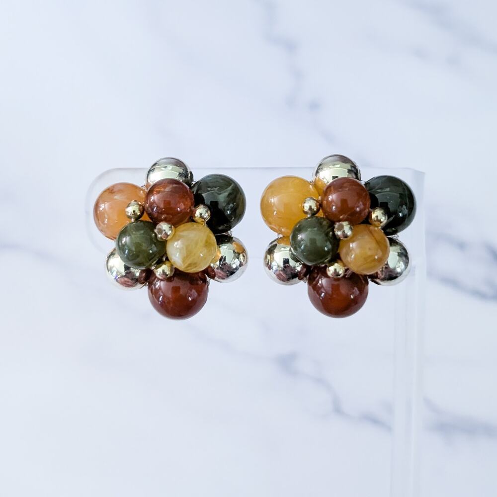 Vintage Clip On Earrings Large Fall Tones Cluster 1" Statement